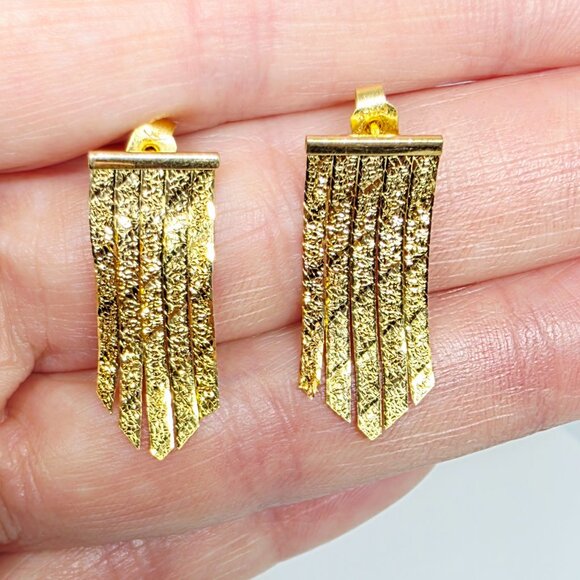 Vintage 14k Herringbone Chain Floral Pattern Chevron Dangle Italy Earrings - Picture 1 of 15